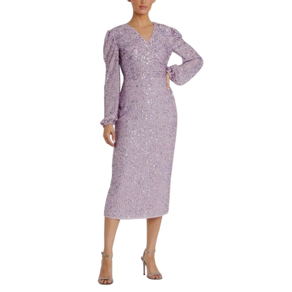 Mac Duggal 107641 Purple Cocktail Dress Sequined Long Sleeve Midi Sheath Size 8